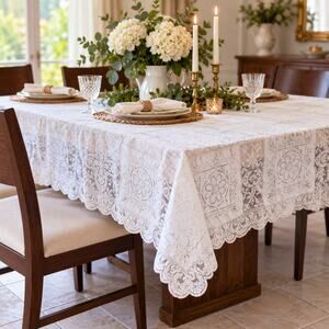 White Lace Cutwork Embroidered Tablecloth 65x80 Scalloped Edge